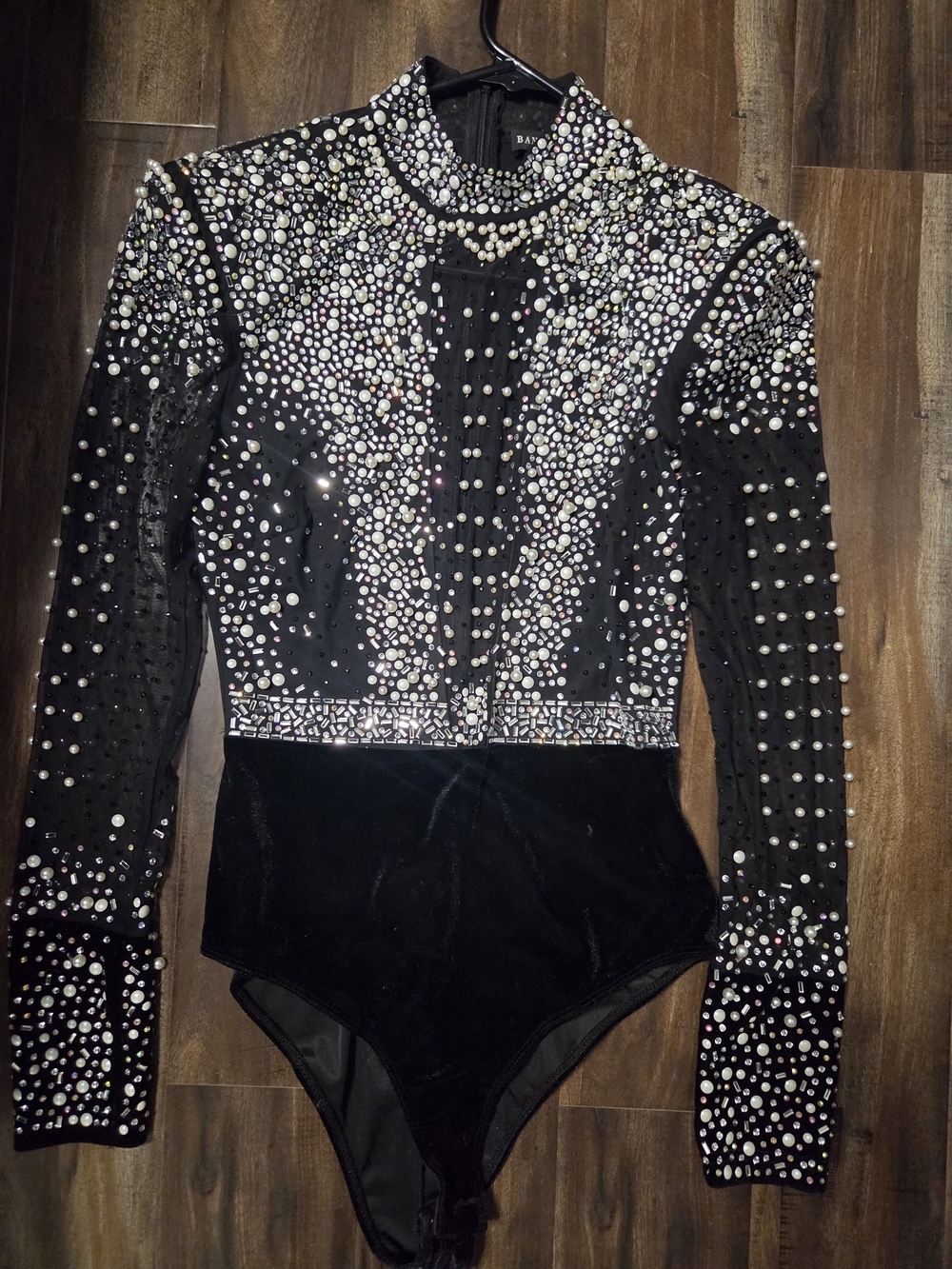 Black Embellished Long-Sleeve Mesh And Velvet Bodysuit